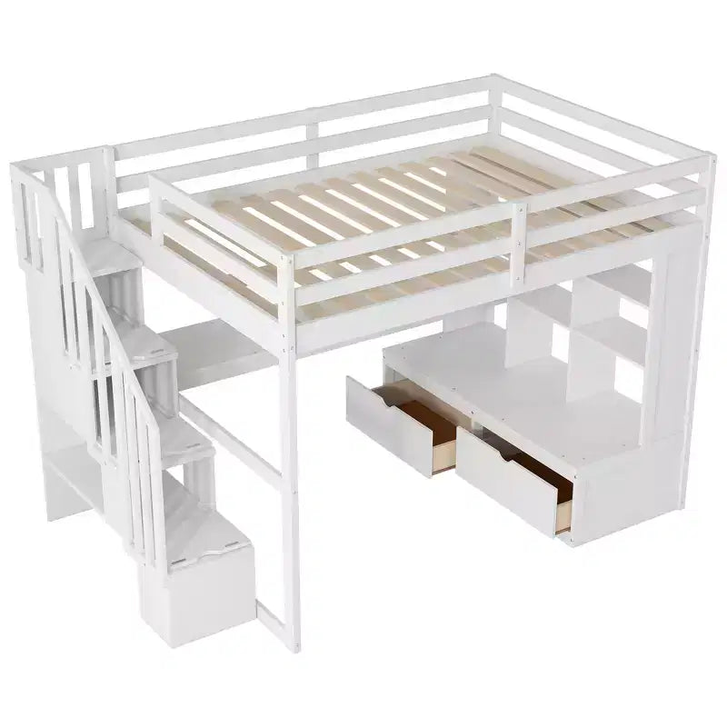 Full Size Loft Bed with Stairs and Desk, Wood Loft Beds Frame with Storage Drawers and Bookcase Shelves for Adults Teens Kids