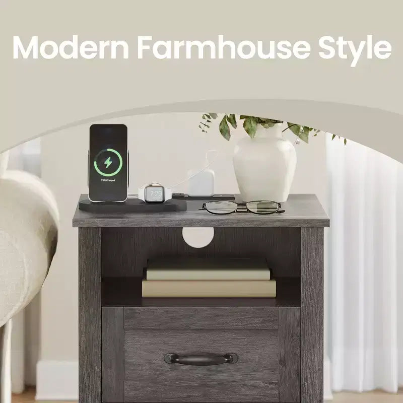 Set of 2 Farmhouse Nightstands with USB Charging - 2-Drawer Bedside Tables, Rustic Modern Design