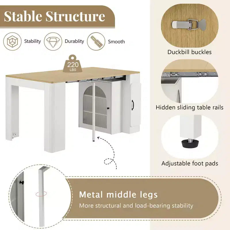 Whisen Extendable Dining Table, Mobile Rolling Island Table with 3 Removable Middle Leaves, Storage Cabinet