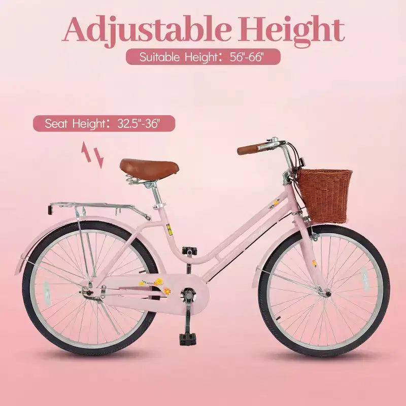 Gymax 24-Inch Beach Cruiser Bike w/Adjustable Seat Woven Basket & Rear Rack for City