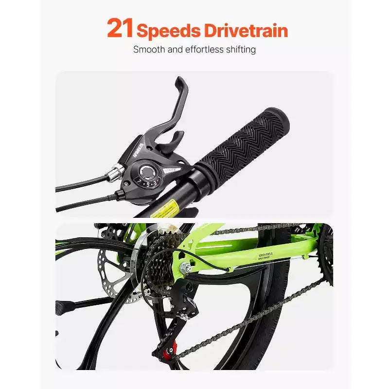 26 Folding Mountain Bike with Full Suspension, 21-Speed Drivetrain, Disc Brakes & High Carbon Steel Frame for Adult Men & Women