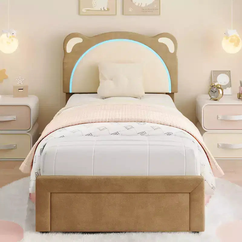 Cute Kids Bed Frame - Adjustable adorable bear design, suede upholstery, storage drawers, solid wood slats, quiet design, easy to assemble.