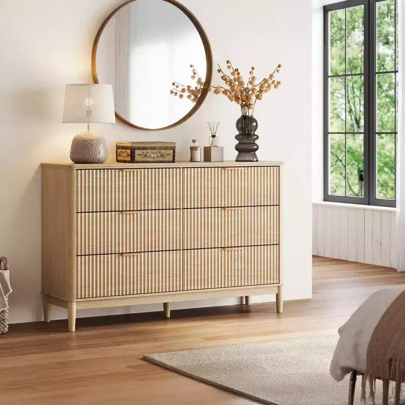 LINSY HOME Fluted 6 Drawer Dresser for Bedroom, Mid Century Modern Large Chest of Drawers with Gold Metal Handles, Wide Boho Wood Dressers