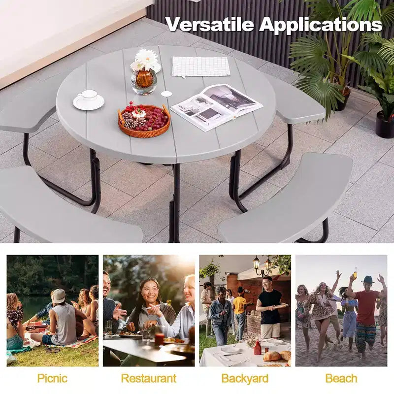 Costway Outdoor 8-person Round Picnic Table Bench Set with 4 Benches & Umbrella Hole Black/Grey/Green/White