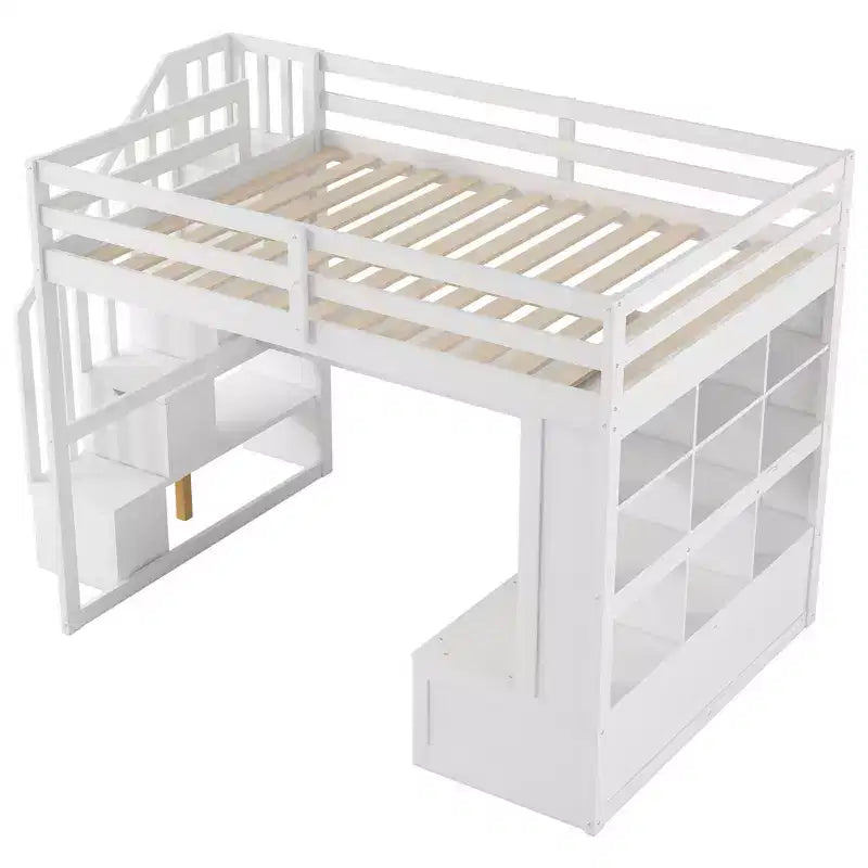 Full Size Loft Bed with Stairs and Desk, Wood Loft Beds Frame with Storage Drawers and Bookcase Shelves for Adults Teens Kids