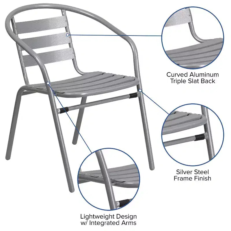 Flash Furniture Lila 23.75'' Round Glass Metal Table with 2 Metal Aluminum Slat Stack Chairs