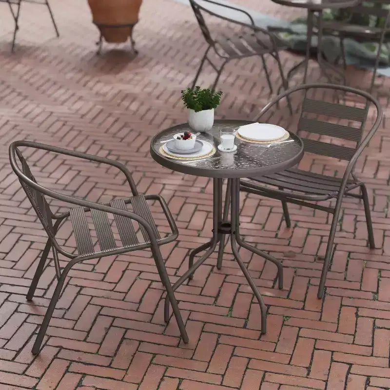 Flash Furniture Lila 23.75'' Round Glass Metal Table with 2 Metal Aluminum Slat Stack Chairs