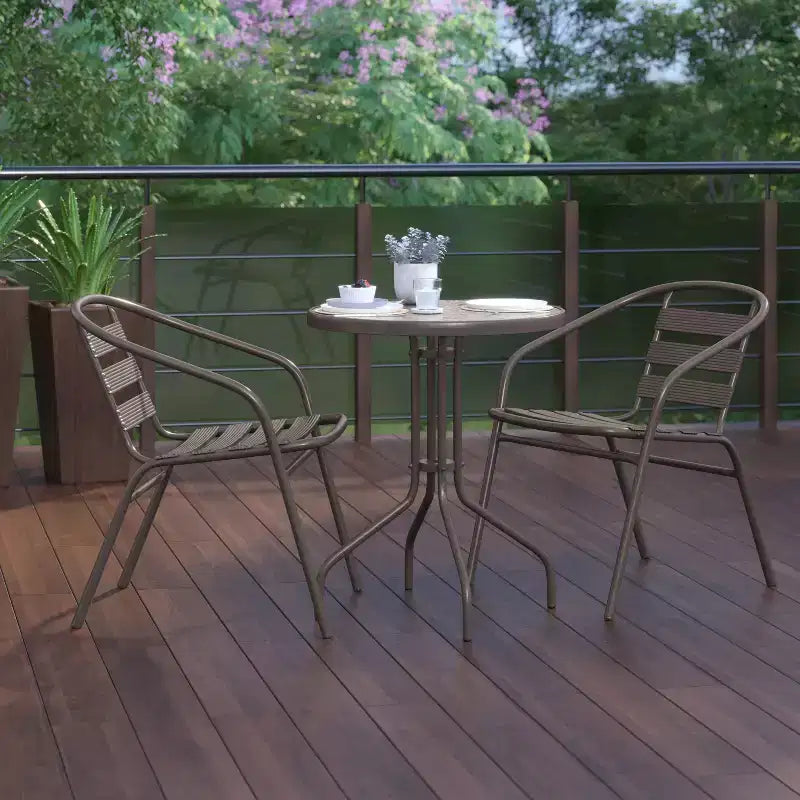 Flash Furniture Lila 23.75'' Round Glass Metal Table with 2 Metal Aluminum Slat Stack Chairs