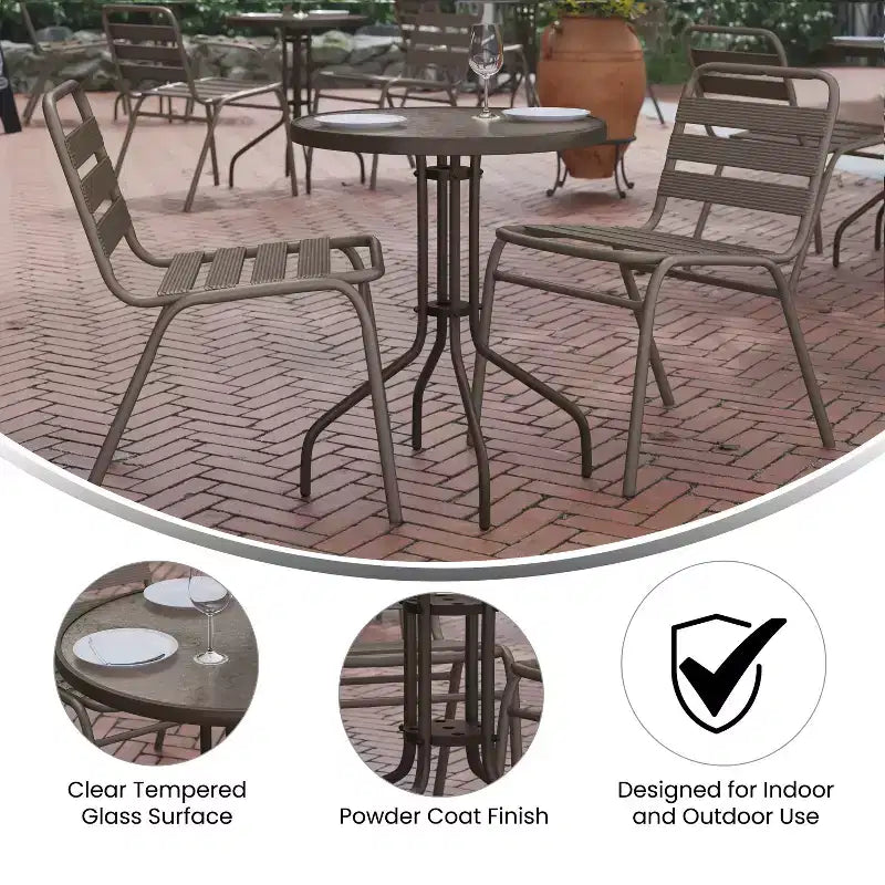 Flash Furniture Lila 23.75'' Round Glass Metal Table with 2 Metal Aluminum Slat Stack Chairs