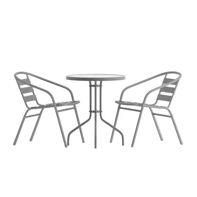 Flash Furniture Lila 23.75'' Round Glass Metal Table with 2 Metal Aluminum Slat Stack Chairs