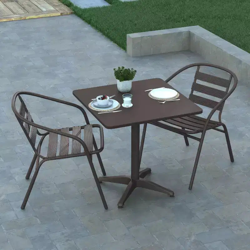Emma and Oliver 27.5'' Square Aluminum Indoor-Outdoor Table Set with 2 Slat Back Chairs