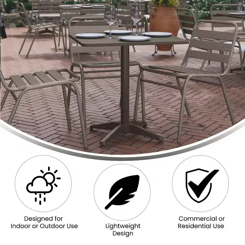 Emma and Oliver 27.5'' Square Aluminum Indoor-Outdoor Table Set with 2 Slat Back Chairs