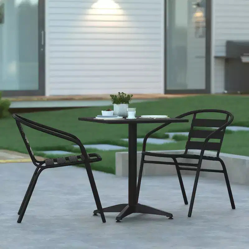 Emma and Oliver 27.5'' Square Aluminum Indoor-Outdoor Table Set with 2 Slat Back Chairs