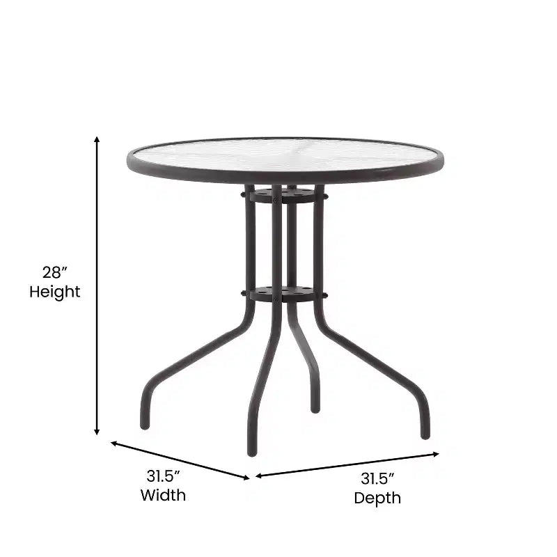 Flash Furniture Lila 31.5'' Round Glass Metal Table with 4 Metal Aluminum Slat Stack Chairs