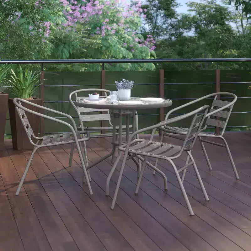 Flash Furniture Lila 31.5'' Round Glass Metal Table with 4 Metal Aluminum Slat Stack Chairs