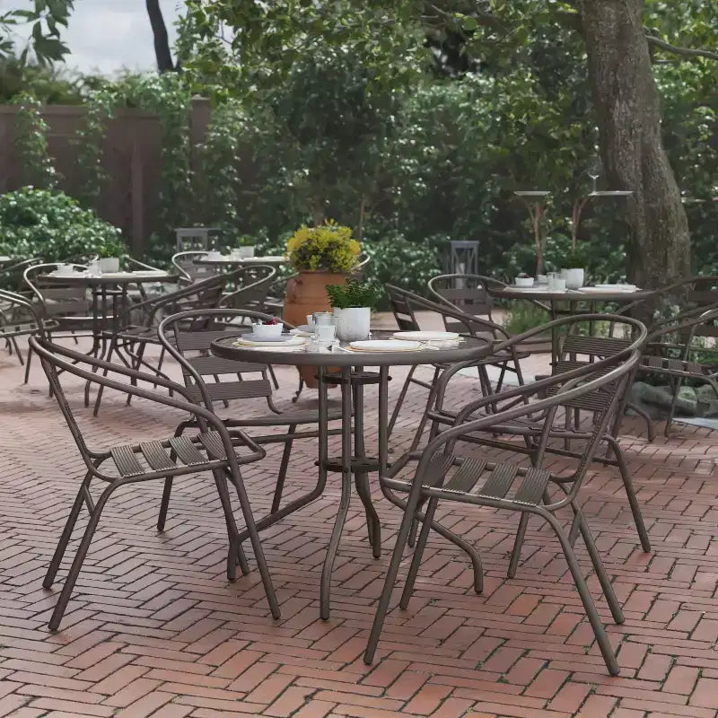 Flash Furniture Lila 31.5'' Round Glass Metal Table with 4 Metal Aluminum Slat Stack Chairs