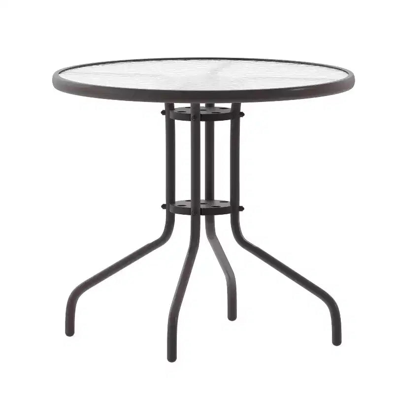 Flash Furniture Lila 31.5'' Round Glass Metal Table with 4 Metal Aluminum Slat Stack Chairs