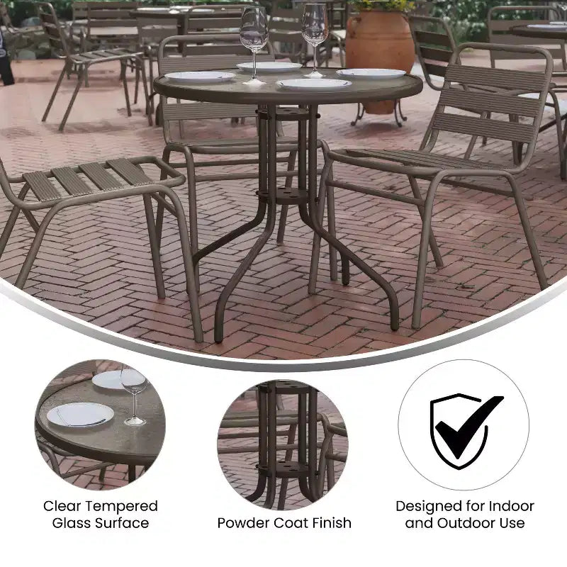 Flash Furniture Lila 31.5'' Round Glass Metal Table with 4 Metal Aluminum Slat Stack Chairs