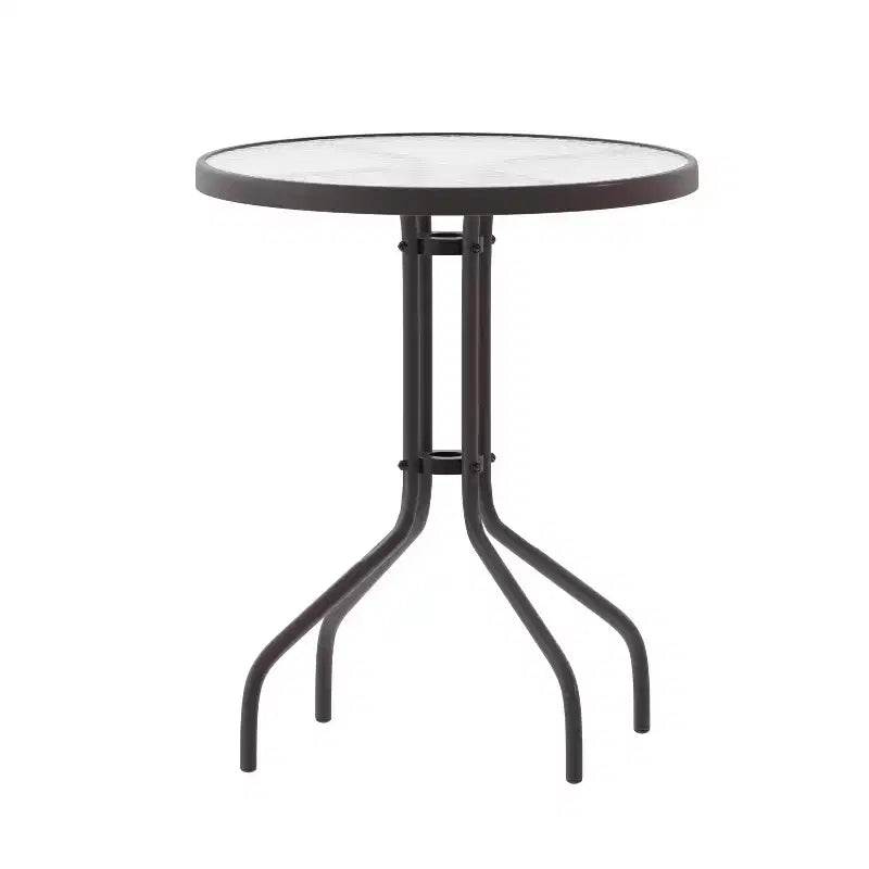 Emma and Oliver 23.75'' Round Glass Top Metal Table with 2 Aluminum Slat Stack Chairs