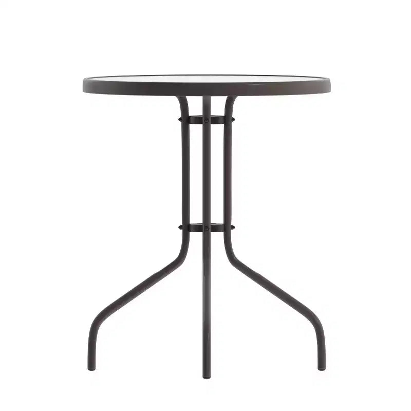Emma and Oliver 23.75'' Round Glass Top Metal Table with 2 Aluminum Slat Stack Chairs