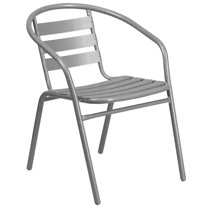 Emma and Oliver 23.75'' Round Glass Top Metal Table with 2 Aluminum Slat Stack Chairs