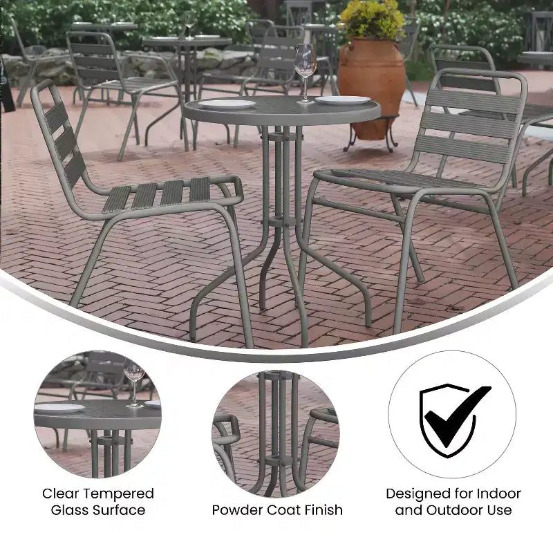 Emma and Oliver 23.75'' Round Glass Top Metal Table with 2 Aluminum Slat Stack Chairs