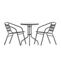 Emma and Oliver 23.75'' Round Glass Top Metal Table with 2 Aluminum Slat Stack Chairs