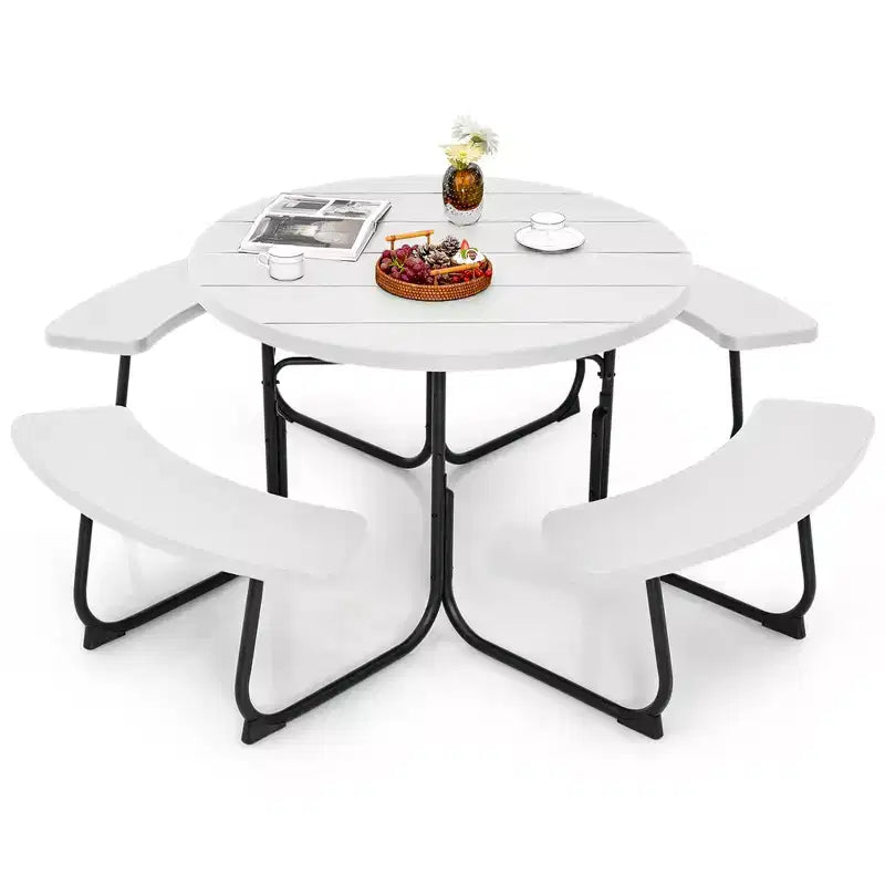 Costway Outdoor 8-person Round Picnic Table Bench Set with 4 Benches & Umbrella Hole Black/Grey/Green/White