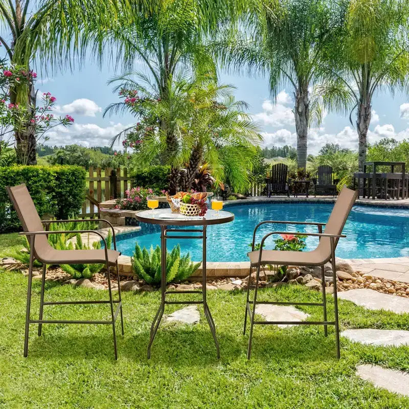Costway 3 PCS Outdoor Patio Bar Table Stool Set Height Tempered Glass Top