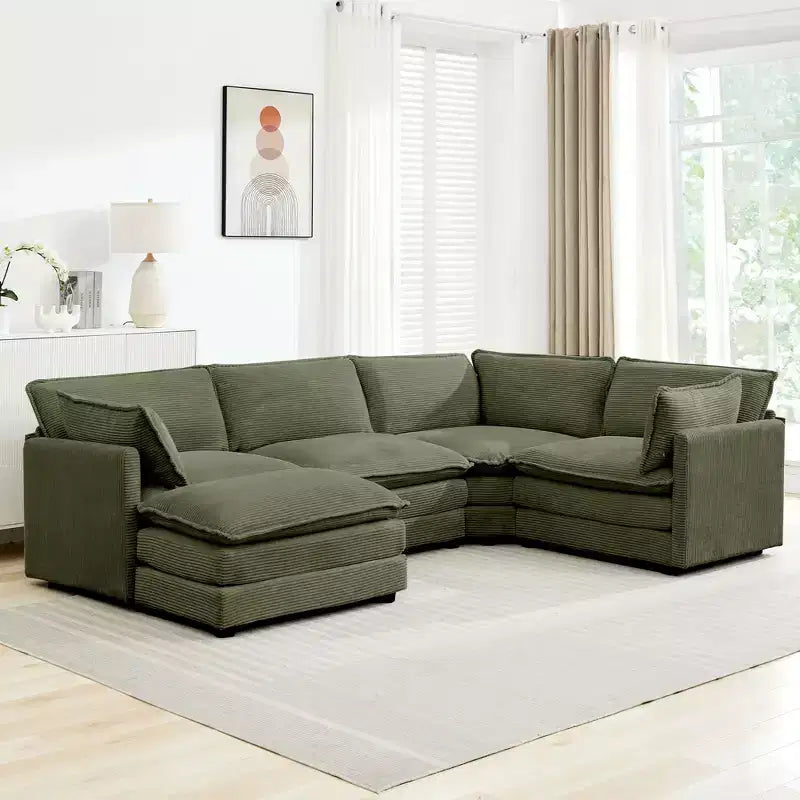 Modern 113.4D*79.13W Oversized Corduroy Modular 5-Seat Sectional Sofa Set with Ottoman U Shaped Sofa Couch with Corner Sofa,HYLEORY