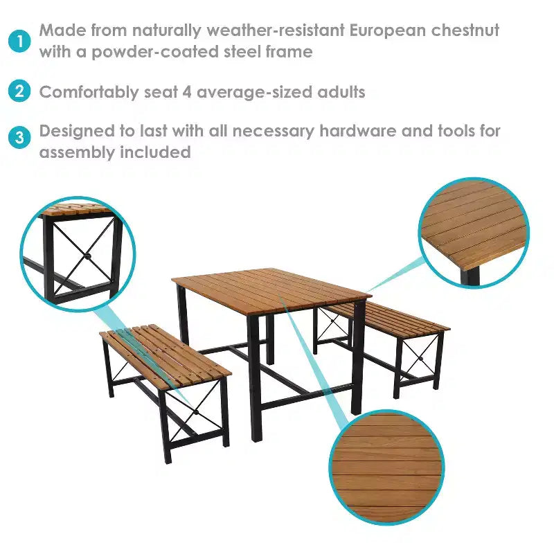 Sunnydaze Ensemble repas de 3 pièces en châtaignier européen avec cadre en acier thermolaqué pour intérieur/extérieur