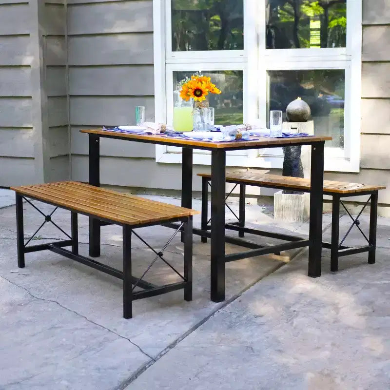 Sunnydaze Ensemble repas de 3 pièces en châtaignier européen avec cadre en acier thermolaqué pour intérieur/extérieur