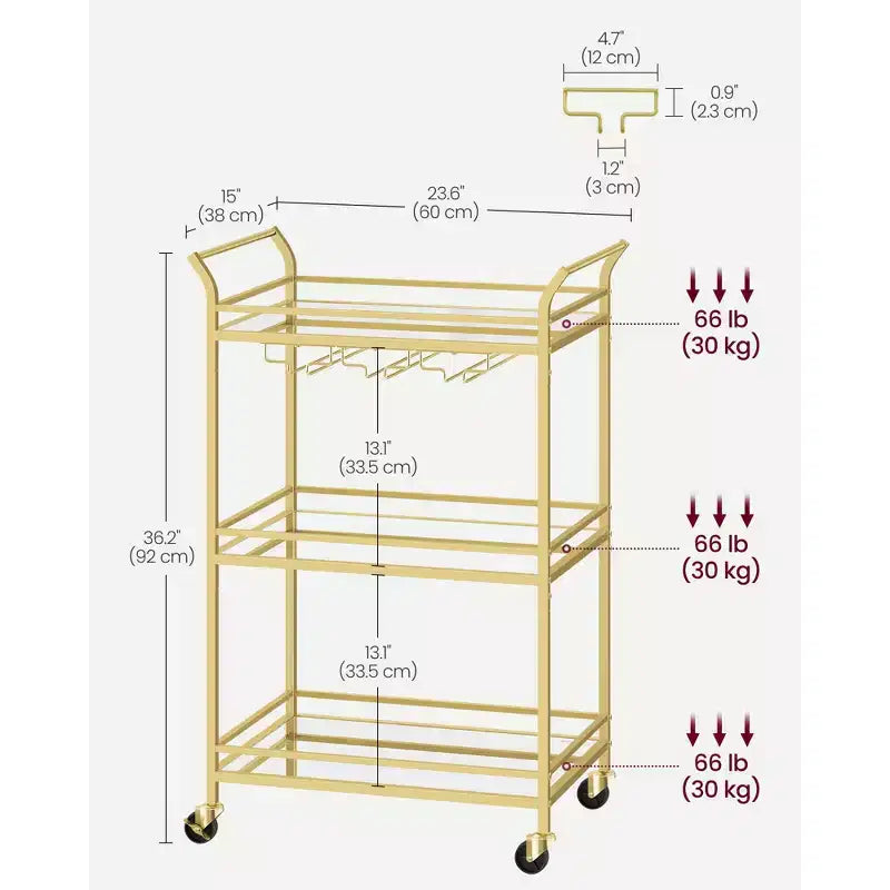 Bar Cart, Home Bar Serving Cart, Small Bar Cart with 3-Tier Shelf, Wine Holders, Glass Holders, Bar Cart, 15 x 23.6 x 36.2 Inches