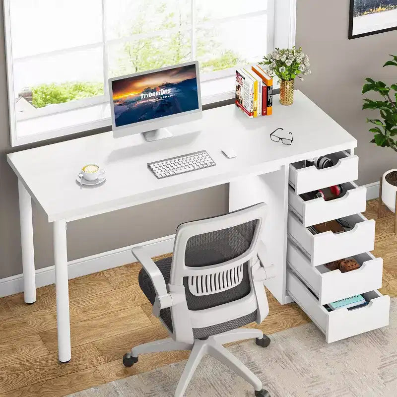 Lantine Computer Desk with 5 Drawers, 47 inches Modern Simple Home Office Desk Study Writing Table for Small Spaces
