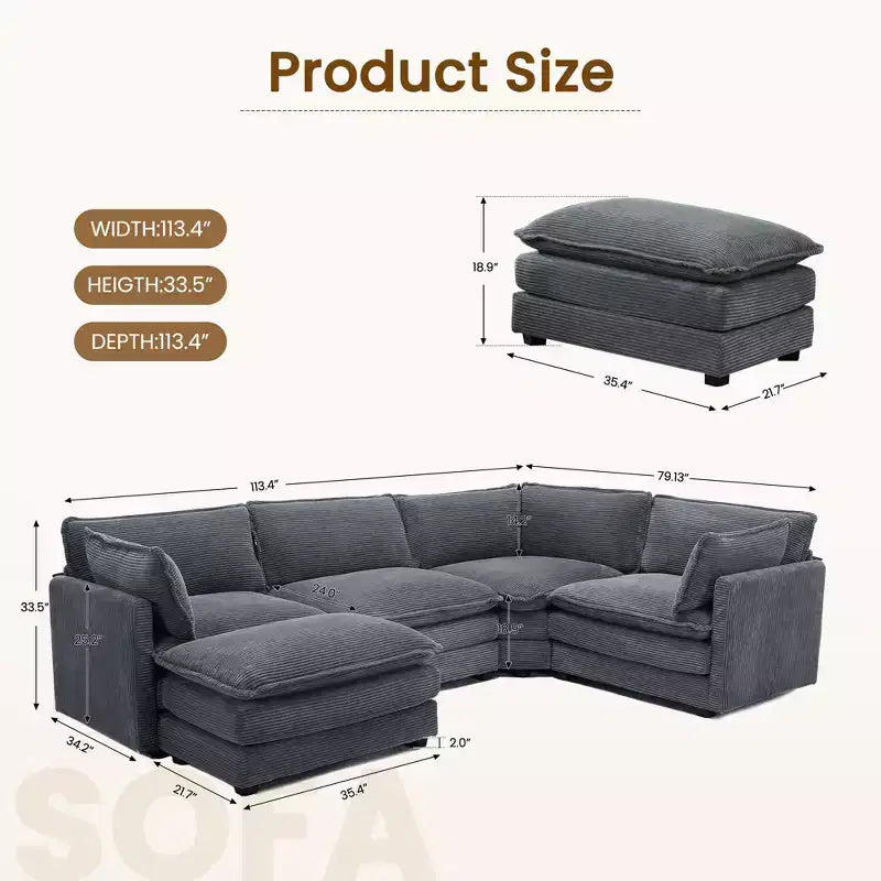 Modern 113.4D*79.13W Oversized Corduroy Modular 5-Seat Sectional Sofa Set with Ottoman U Shaped Sofa Couch with Corner Sofa,HYLEORY