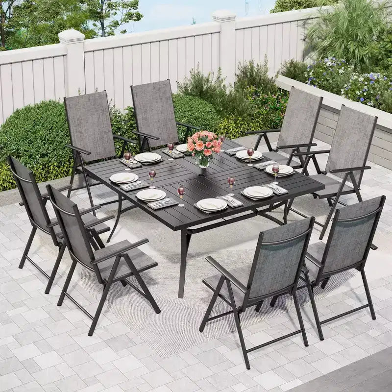 Captiva Designs 9pc Spacious Slat Top Square Metal Table with Umbrella Hole & 8 Reclining Foldable Chairs Outdoor Patio Dining Set