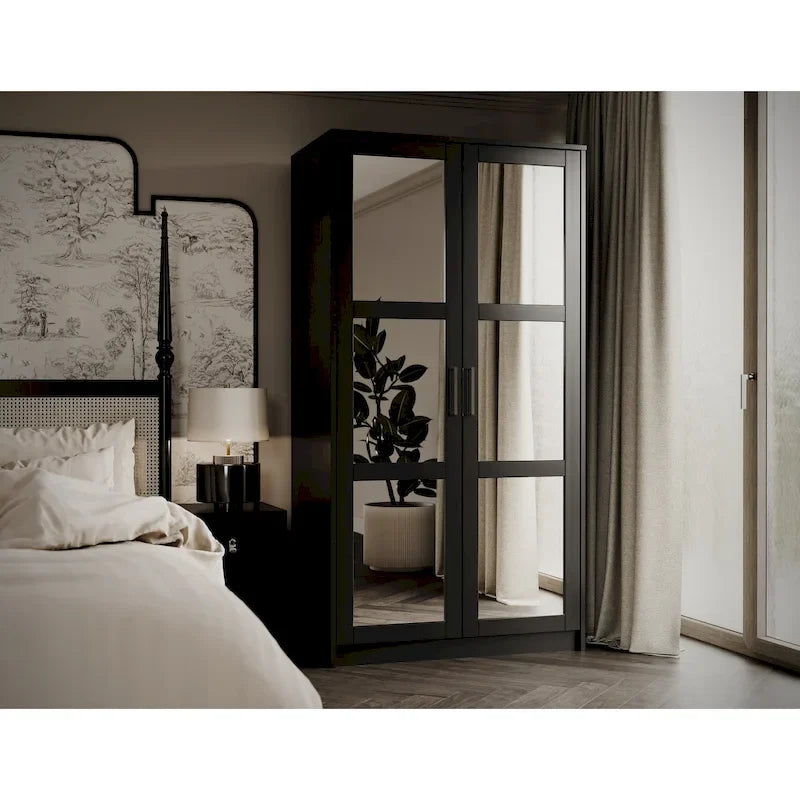 100% Solid Wood 2-Door Urban Wardrobe Armoire with Solid and Mirrored Doors