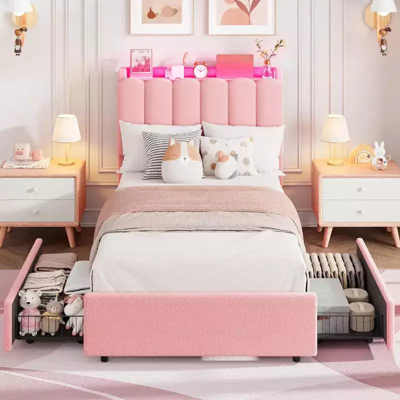 Bed frame with storage headboard, childrens bed frame with 2 drawers, fabric upholstered platform bed, contoured headboard with bookshelf