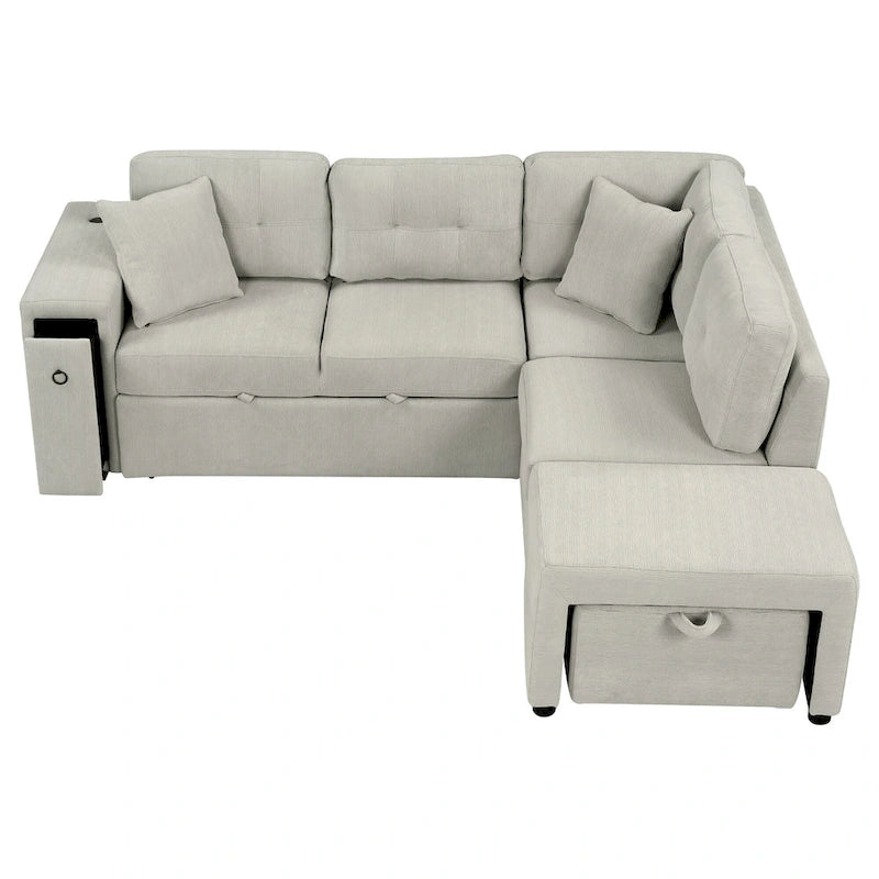 Canapé d'angle 4 places avec lit gigogne, pouf, ports USB et tablette rabattable