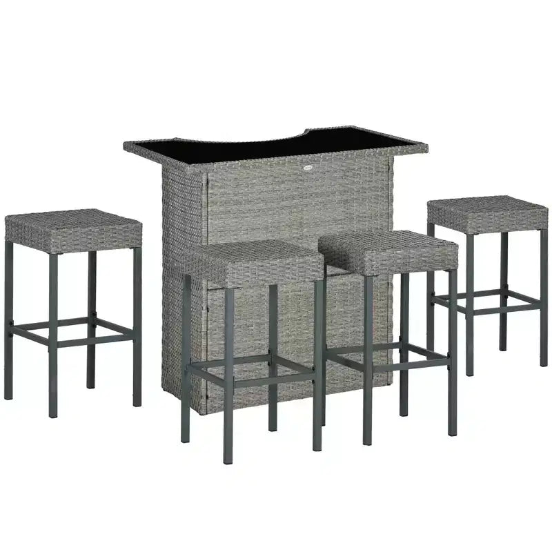 Outsunny 5 Pcs Rattan Wicker Bar Set, High Top Outdoor Table and Chairs with Glass Top, Storage Shelf, and 4 Bar Stools for Poolside