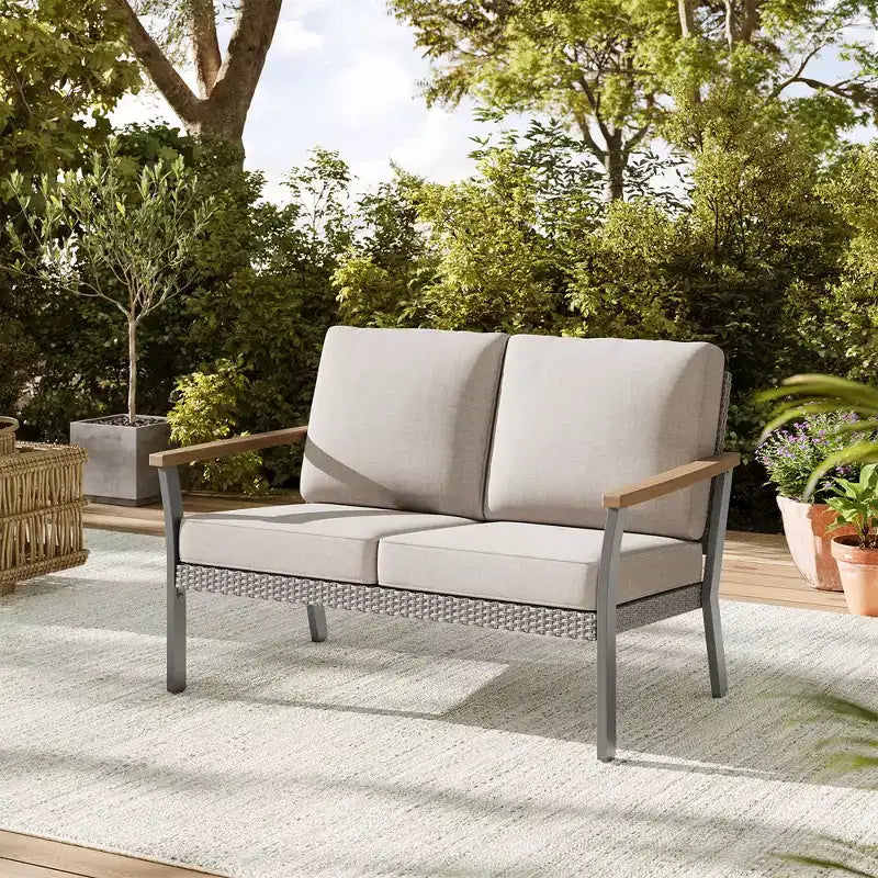 SONGMICS HOME Sencillo Collection -8 Piece Patio Furniture Set 1 Coffee Table 2 Small Coffee Tables 1 Loveseat 2 Lounge Chairs and 2 Ottomans Beige