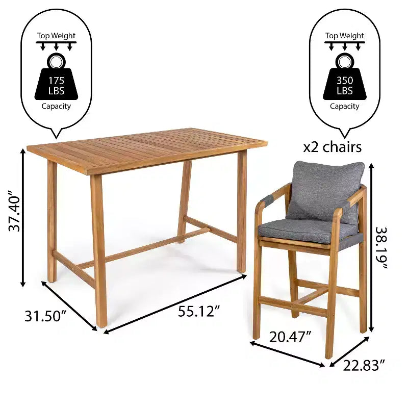 JONATHAN Y Porto Modern Coastal 3-Piece Acacia Wood Outdoor Bar Set with Cushions