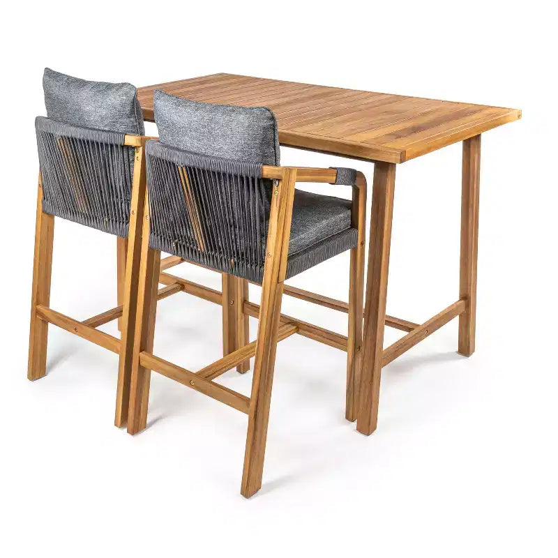JONATHAN Y Porto Modern Coastal 3-Piece Acacia Wood Outdoor Bar Set with Cushions