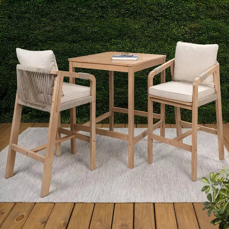 JONATHAN Y Porto Modern Coastal 3-Piece Acacia Wood Outdoor Bar Set with Cushions