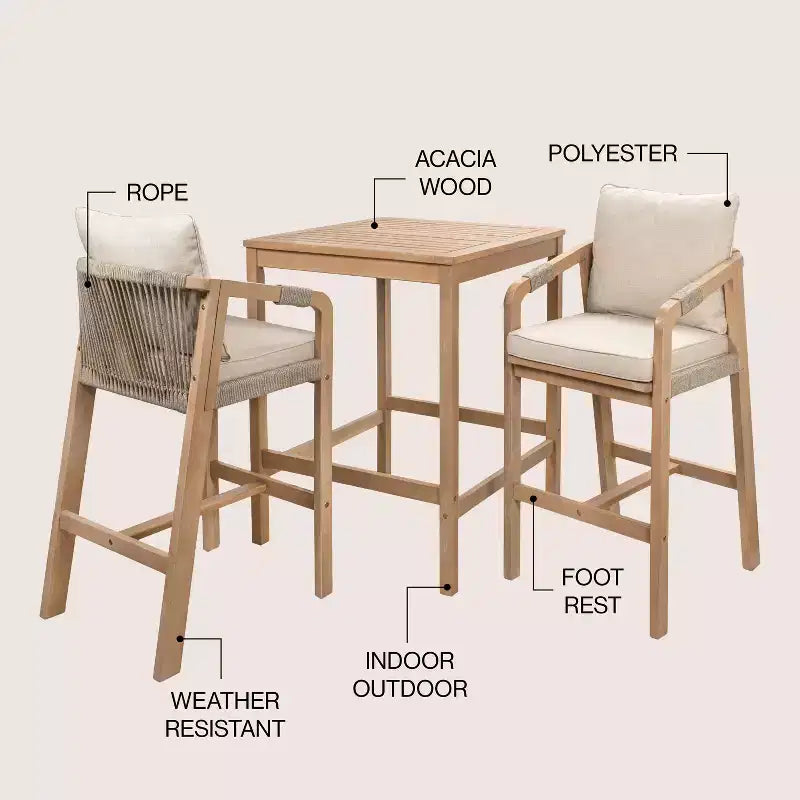 JONATHAN Y Porto Modern Coastal 3-Piece Acacia Wood Outdoor Bar Set with Cushions