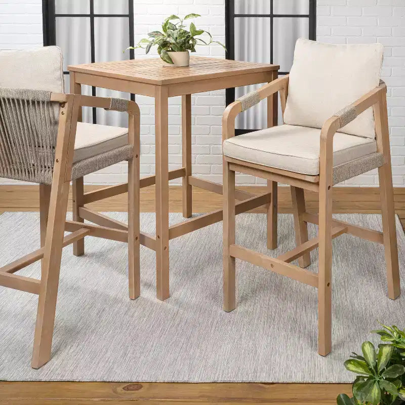 JONATHAN Y Porto Modern Coastal 3-Piece Acacia Wood Outdoor Bar Set with Cushions