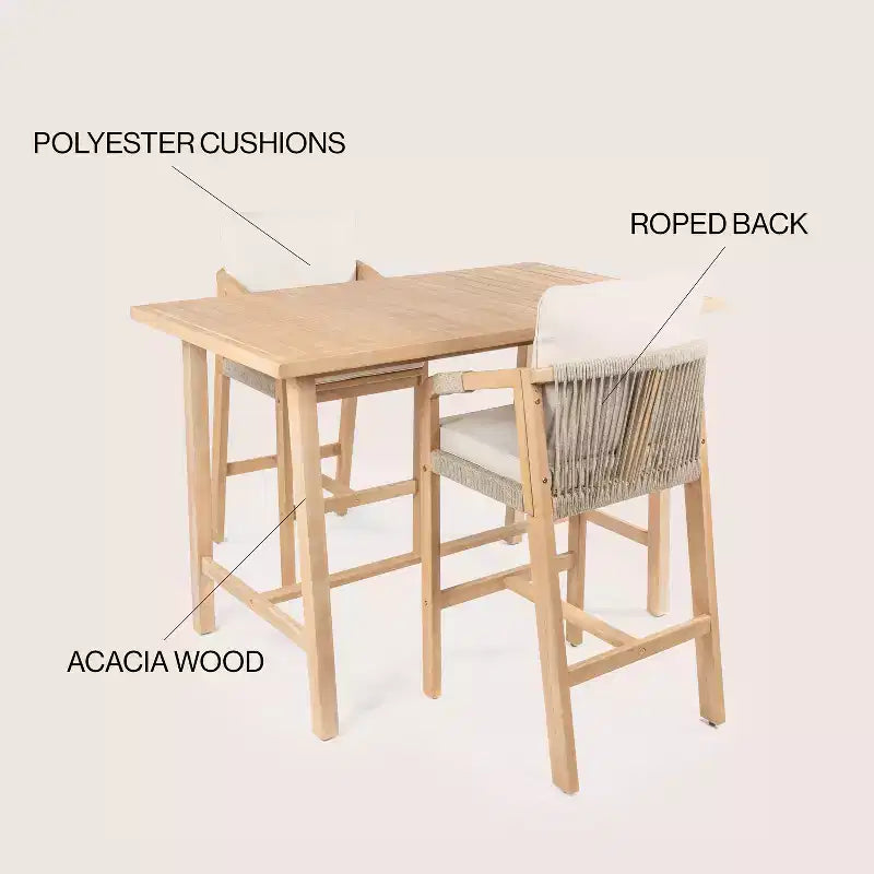 JONATHAN Y Porto Modern Coastal 3-Piece Acacia Wood Outdoor Bar Set with Cushions