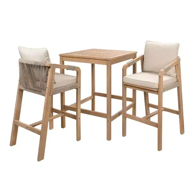 JONATHAN Y Porto Modern Coastal 3-Piece Acacia Wood Outdoor Bar Set with Cushions
