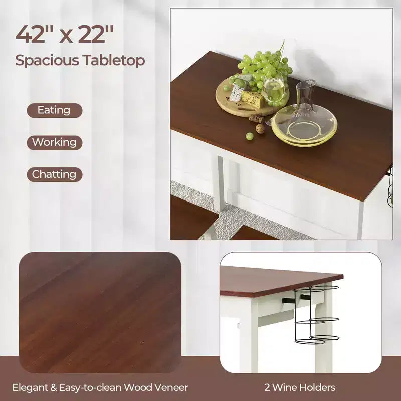 Costway 3-Piece Counter Height Bar Table Set with 2 Stools, 2 Wine Holders White & Walnut