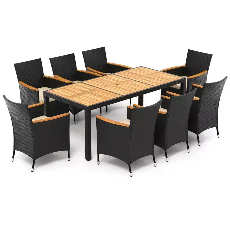 Costway 9 PCS Outdoor Dining Set with Acacia Wood Tabletop, Umbrella Hole, Seat Cushions
